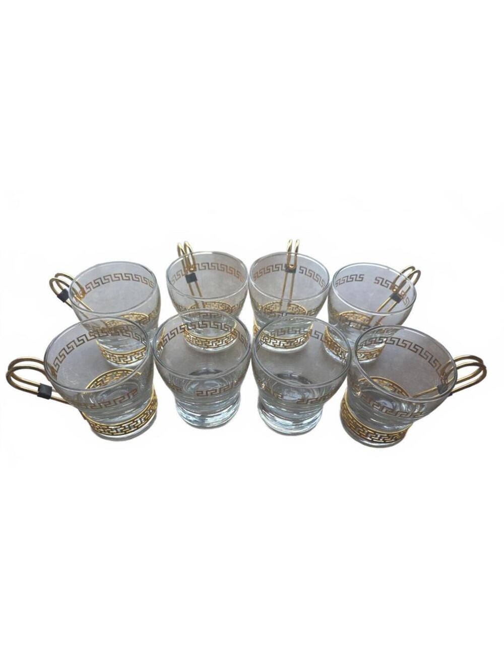 8 Vintage Libbey Continental Greek Key Coffee Cup Glasses 4 Gold Metal Holders